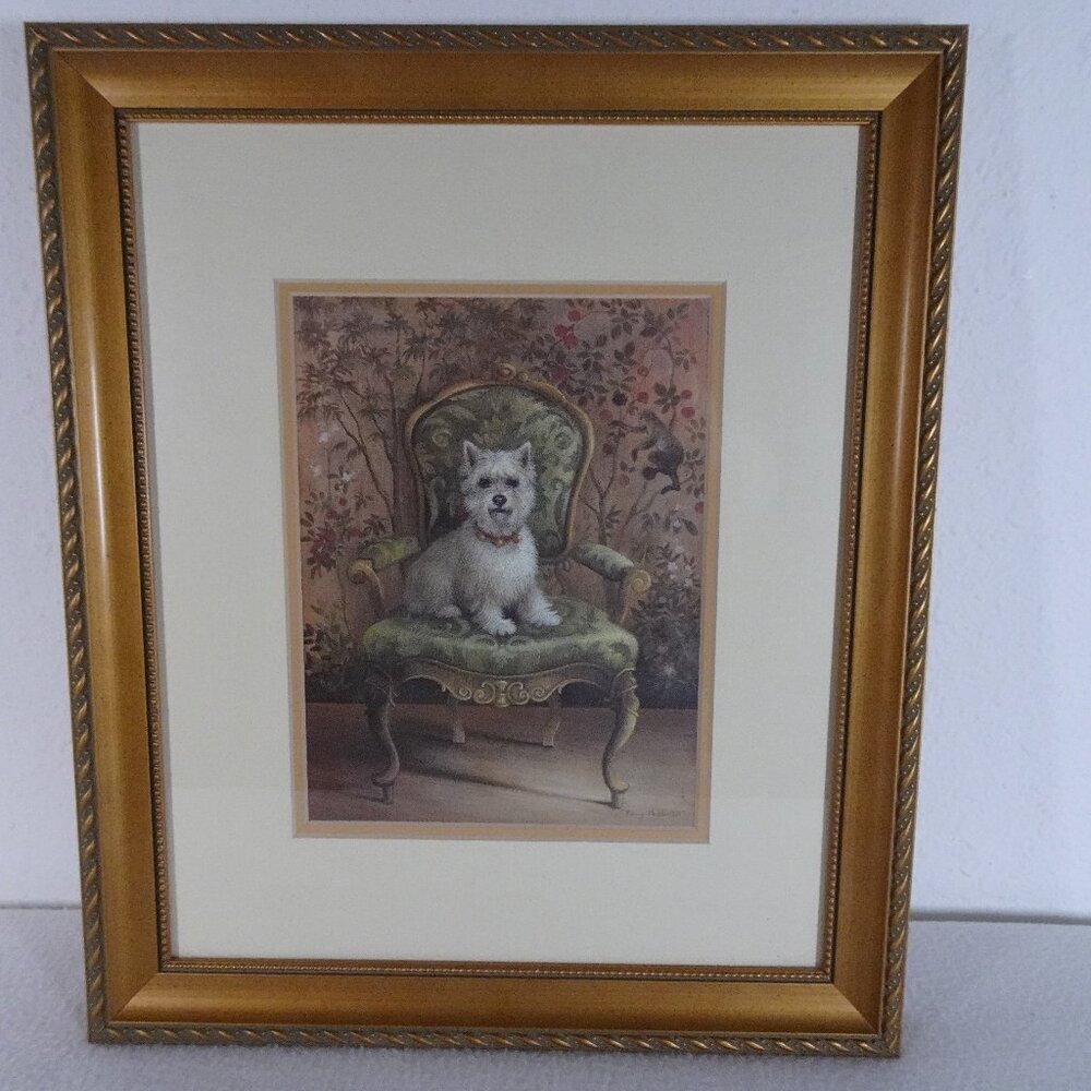 Westie Dog Print Chinoiserie by Elaine Vollherbst Gold Frame Matted 15" x 12.5"